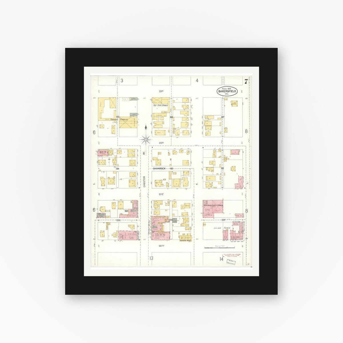 Old map wall art mockup — black gallery frame with white mat — Sanborn Fire Insurance Map from Bakersfield, Kern County, California (1905), Sheet #0007