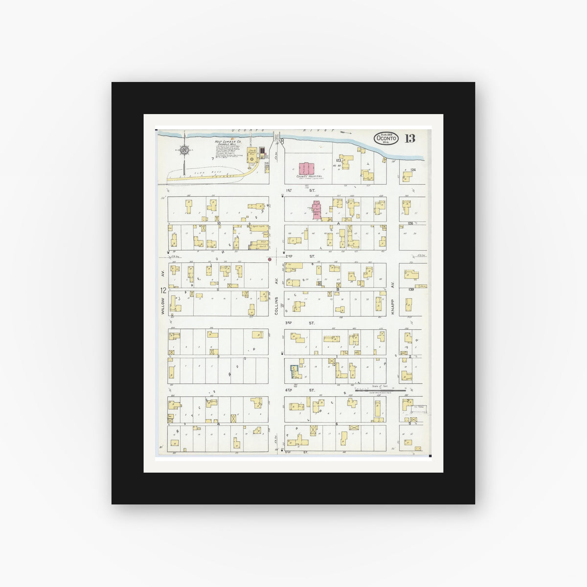 Old map wall art mockup — black gallery frame with white mat — Sanborn Fire Insurance Map from Oconto, Oconto County, Wisconsin (1919), Sheet #0013