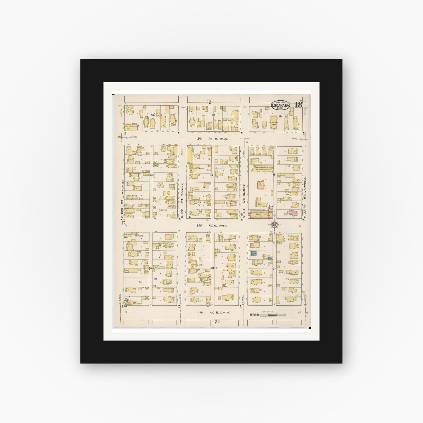 Old map wall art mockup — black gallery frame with white mat — Sanborn Fire Insurance Map from Escanaba, Delta County, Michigan (1921), Sheet #0018
