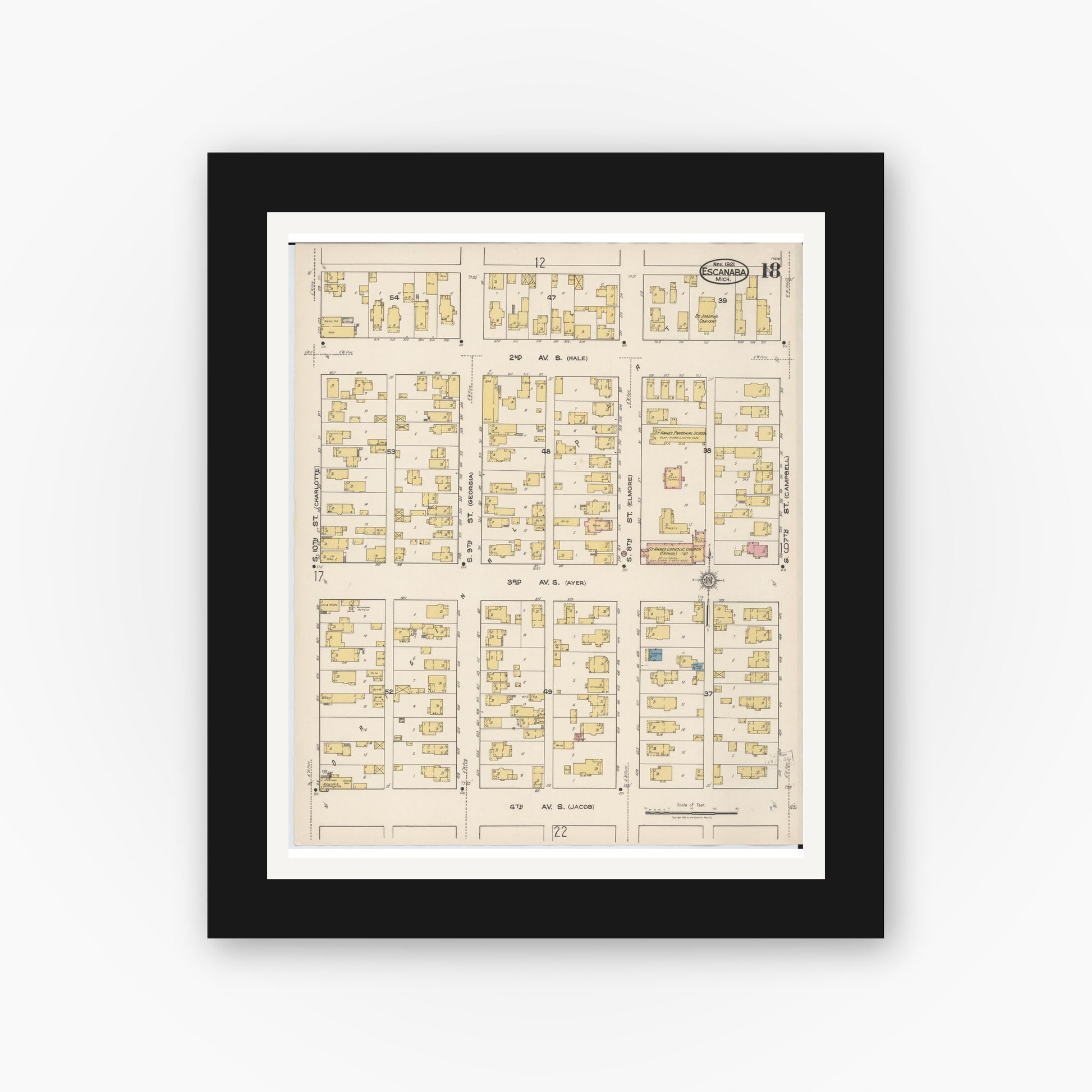 Old map wall art mockup — black gallery frame with white mat — Sanborn Fire Insurance Map from Escanaba, Delta County, Michigan (1921), Sheet #0018