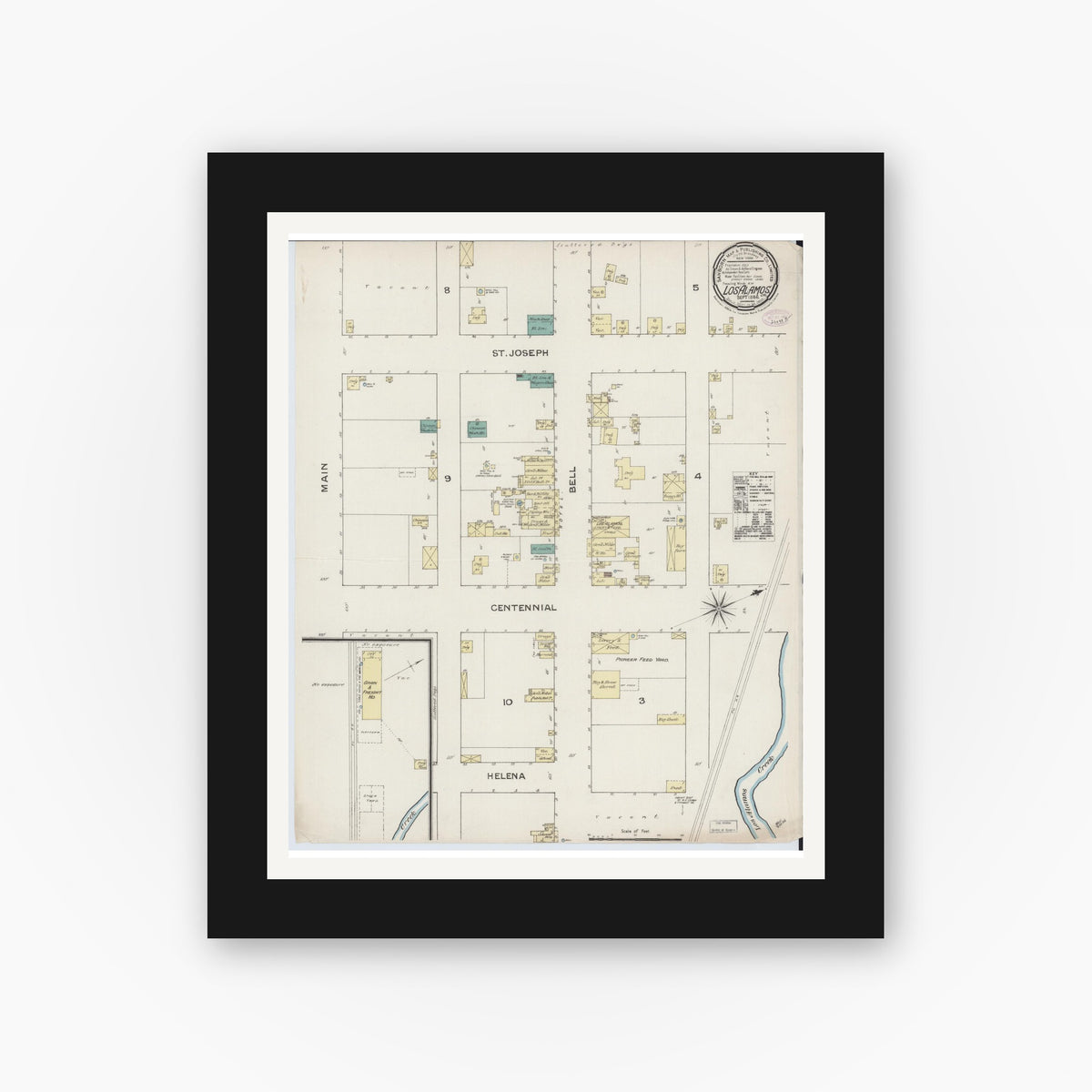 Old map wall art mockup — black gallery frame with white mat — Sanborn Fire Insurance Map from Los Alamos, Santa Barbara County, California (1886), Sheet #0001