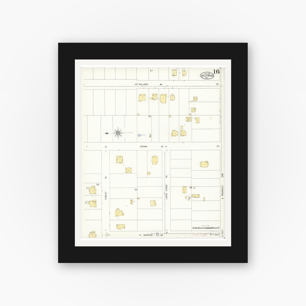 Old map wall art mockup — black gallery frame with white mat — Sanborn Fire Insurance Map from Hollywood, Los Angeles County, California (1907), Sheet #0016