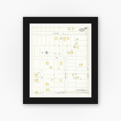 Old map wall art mockup — black gallery frame with white mat — Sanborn Fire Insurance Map from Hollywood, Los Angeles County, California (1907), Sheet #0016