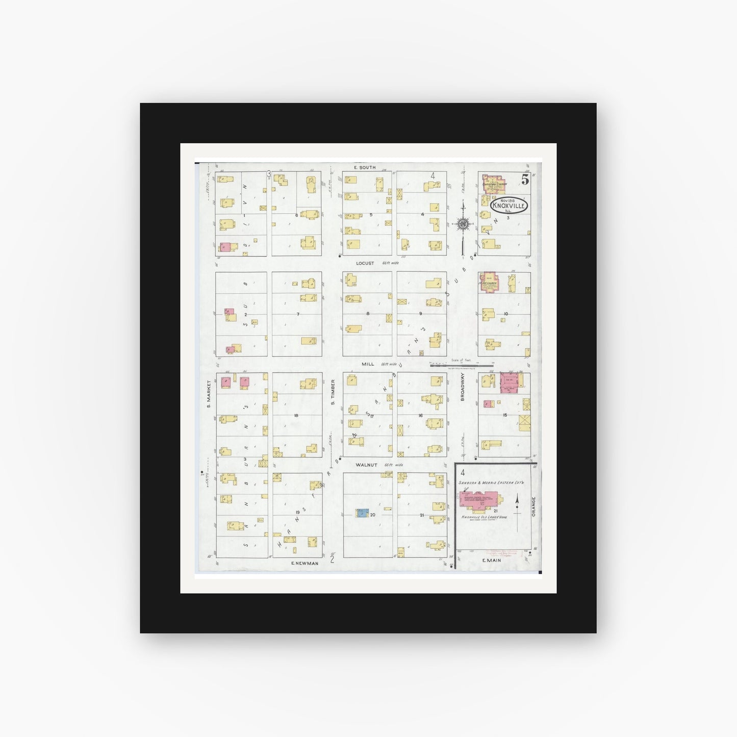 Old map wall art mockup — black gallery frame with white mat — Sanborn Fire Insurance Map from Knoxville, Knox County, Illinois (1918), Sheet #0005