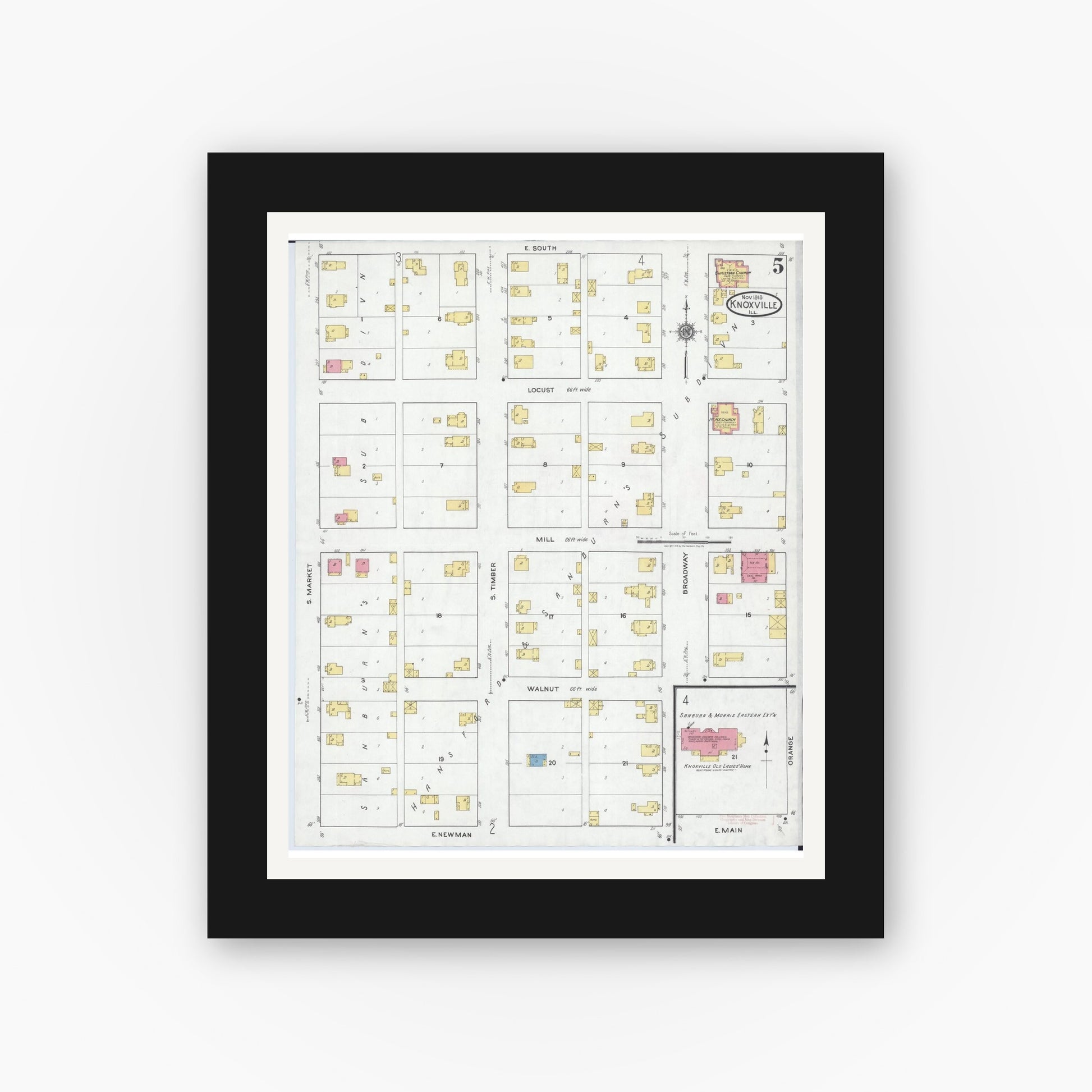 Old map wall art mockup — black gallery frame with white mat — Sanborn Fire Insurance Map from Knoxville, Knox County, Illinois (1918), Sheet #0005