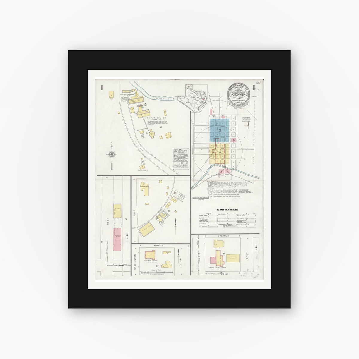 Old map wall art mockup — black gallery frame with white mat — Sanborn Fire Insurance Map from Livingston, Polk County, Texas (1927) - Complete Map Set