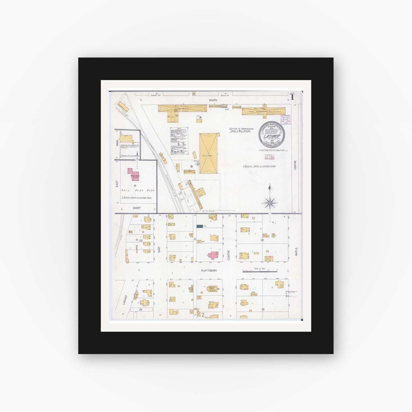 Old map wall art mockup — black gallery frame with white mat — Sanborn Fire Insurance Map from Lathrop, Clinton County, Missouri (1906), Sheet #0001