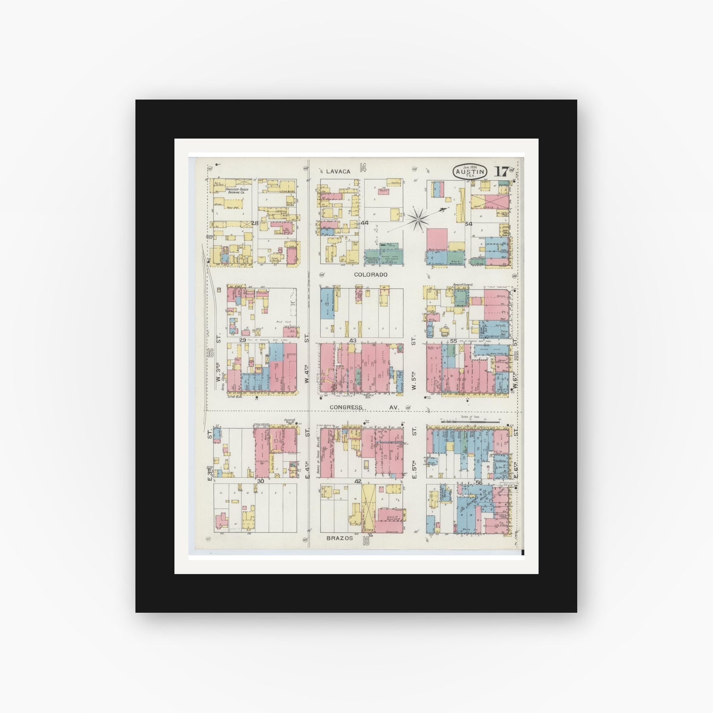 Old map wall art mockup — black gallery frame with white mat — Sanborn Fire Insurance Map from Austin, Travis County, Texas (1894), Sheet #0017