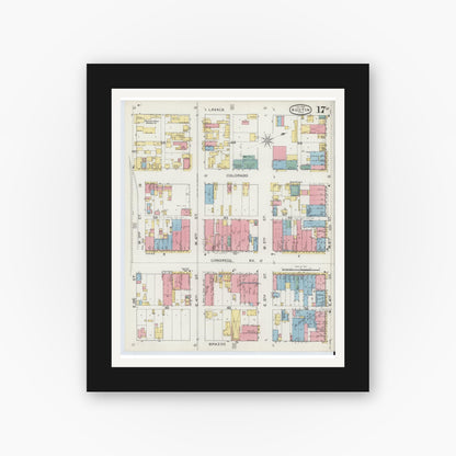 Old map wall art mockup — black gallery frame with white mat — Sanborn Fire Insurance Map from Austin, Travis County, Texas (1894), Sheet #0017