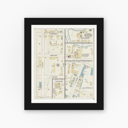 Old map wall art mockup — black gallery frame with white mat — Sanborn Fire Insurance Map from San Antonio, Bexar County, Texas (1888), Sheet #0012