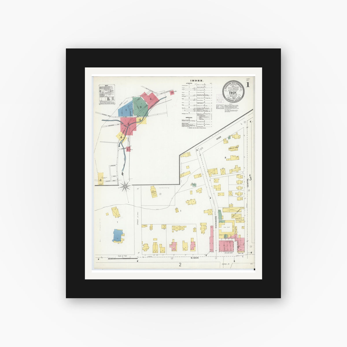 Old map wall art mockup — black gallery frame with white mat — Sanborn Fire Insurance Map from Troy, Bradford County, Pennsylvania (1903) - Complete Map Set