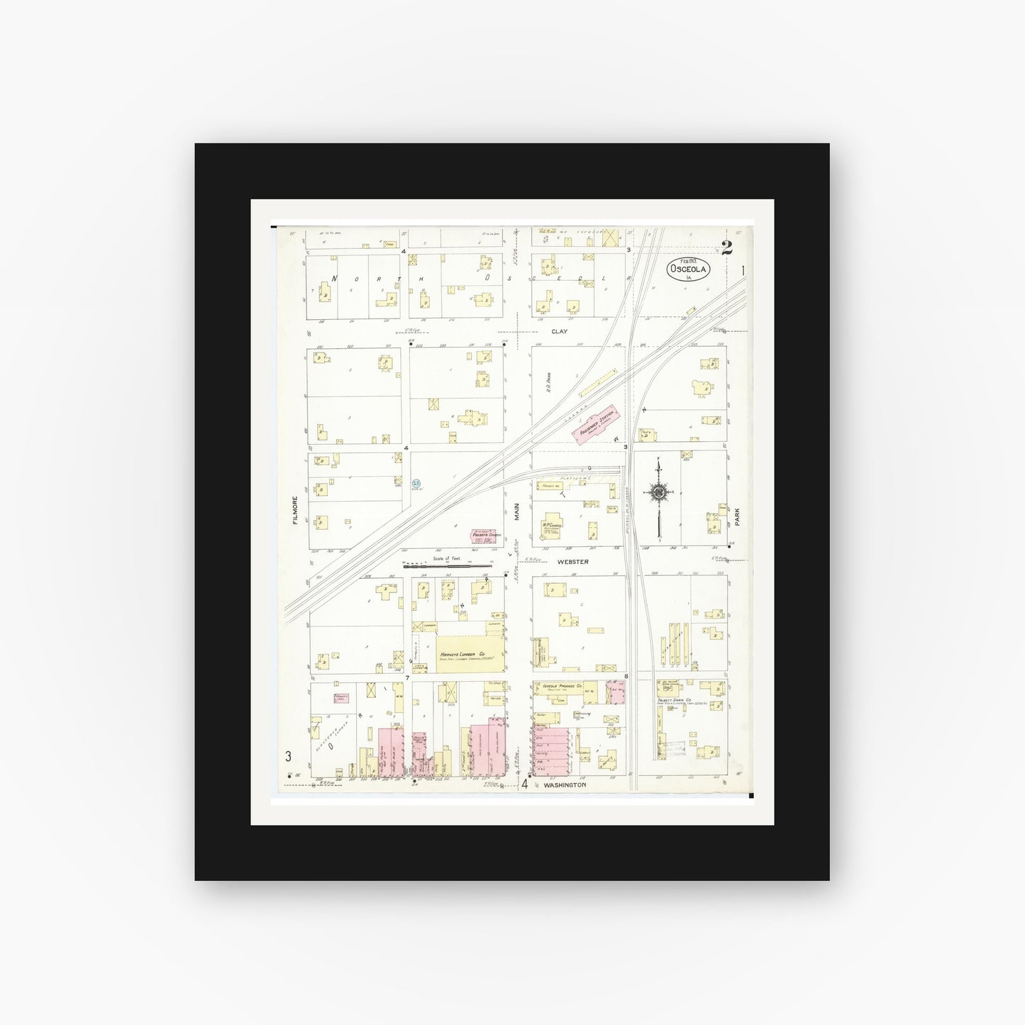 Old map wall art mockup — black gallery frame with white mat — Sanborn Fire Insurance Map from Osceola, Clarke County, Iowa (1913), Sheet #0002