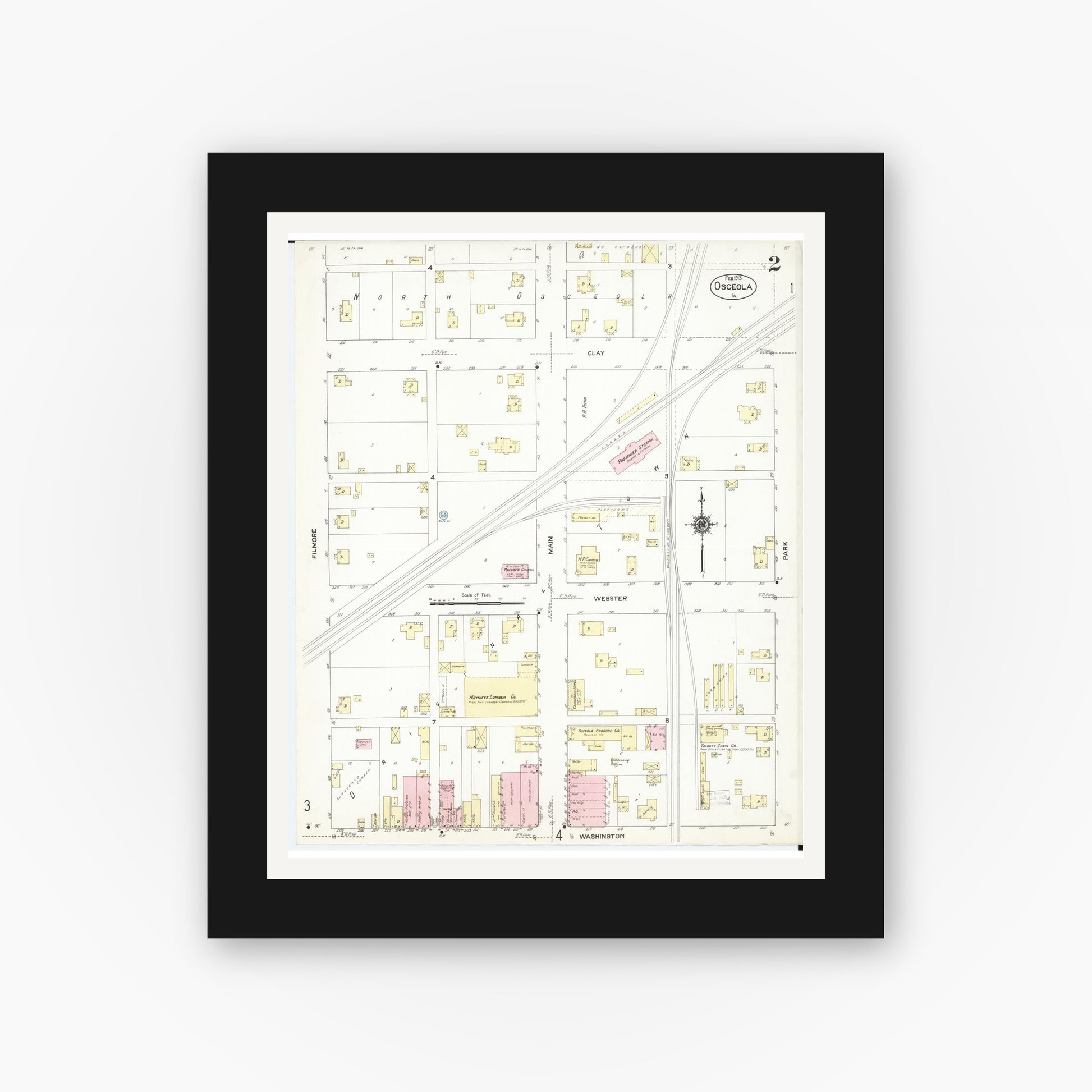 Old map wall art mockup — black gallery frame with white mat — Sanborn Fire Insurance Map from Osceola, Clarke County, Iowa (1913), Sheet #0002