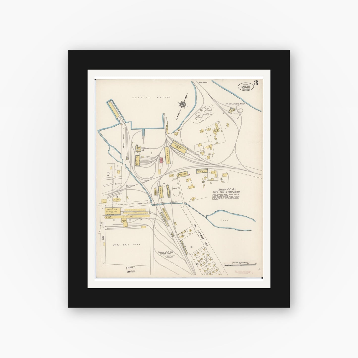 Old map wall art mockup — black gallery frame with white mat — Sanborn Fire Insurance Map from Kahului, Maui County, Hawaii (1914), Sheet #0003
