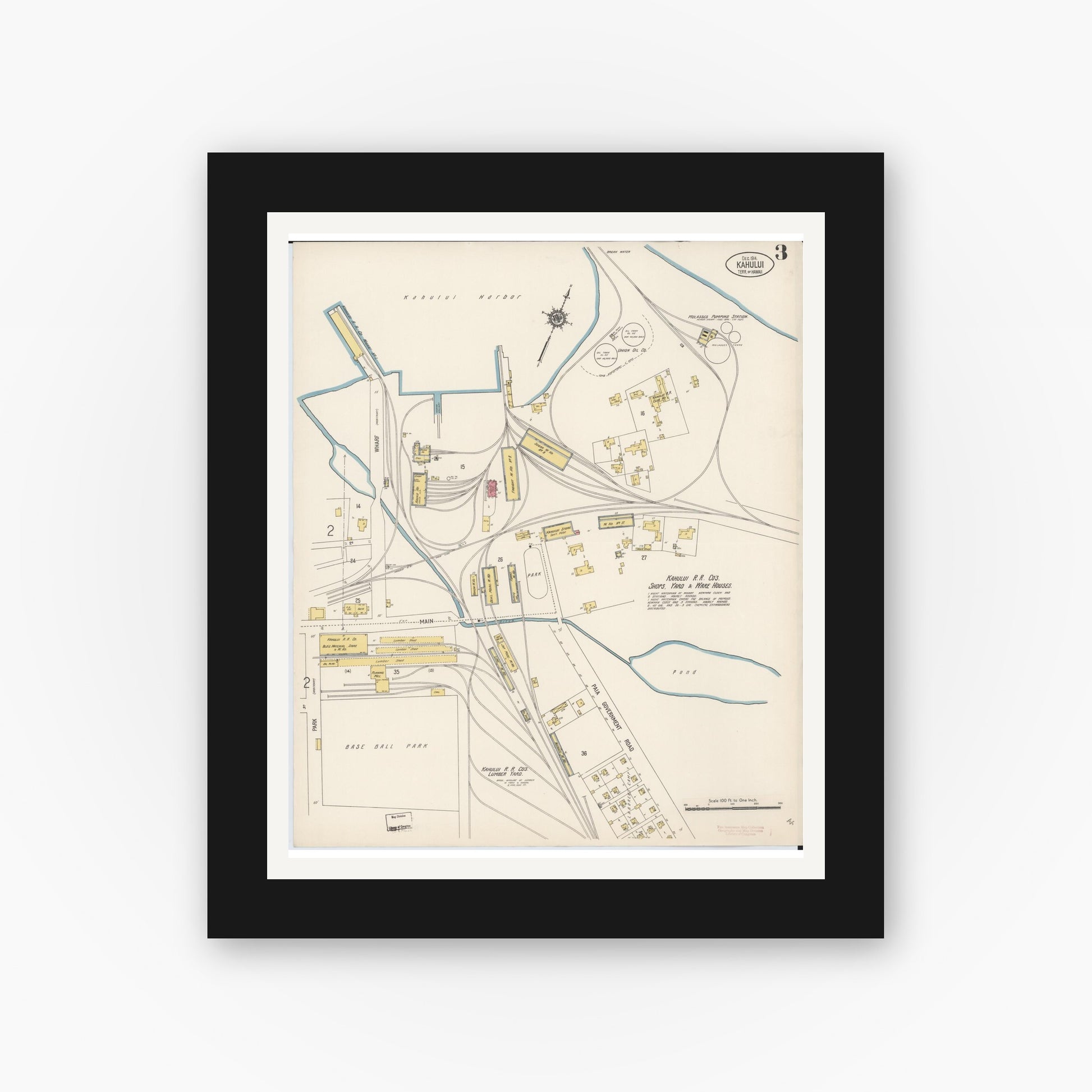 Old map wall art mockup — black gallery frame with white mat — Sanborn Fire Insurance Map from Kahului, Maui County, Hawaii (1914), Sheet #0003