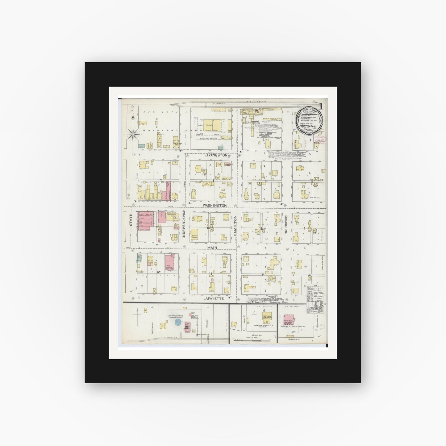 Old map wall art mockup — black gallery frame with white mat — Sanborn Fire Insurance Map from Monticello, Piatt County, Illinois (1893), Sheet #0001