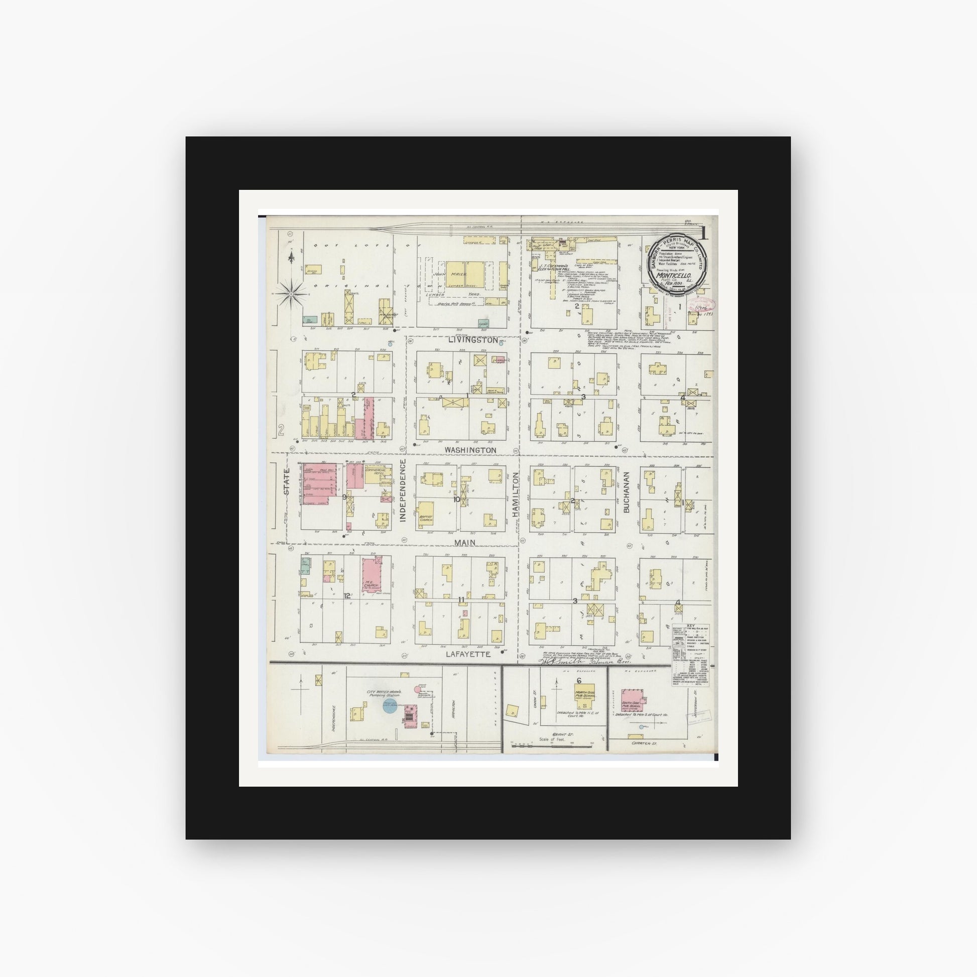 Old map wall art mockup — black gallery frame with white mat — Sanborn Fire Insurance Map from Monticello, Piatt County, Illinois (1893), Sheet #0001