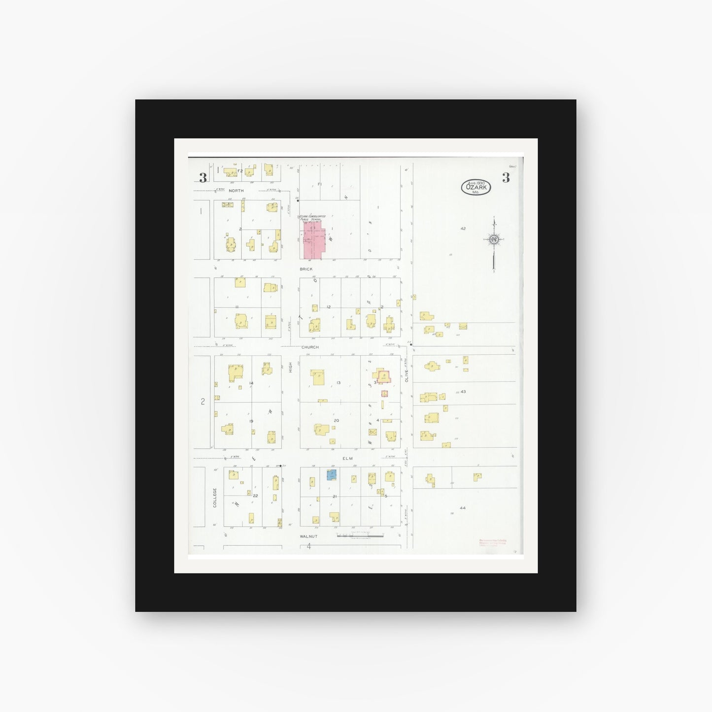Old map wall art mockup — black gallery frame with white mat — Sanborn Fire Insurance Map from Ozark, Christian County, Missouri (1930), Sheet #0003