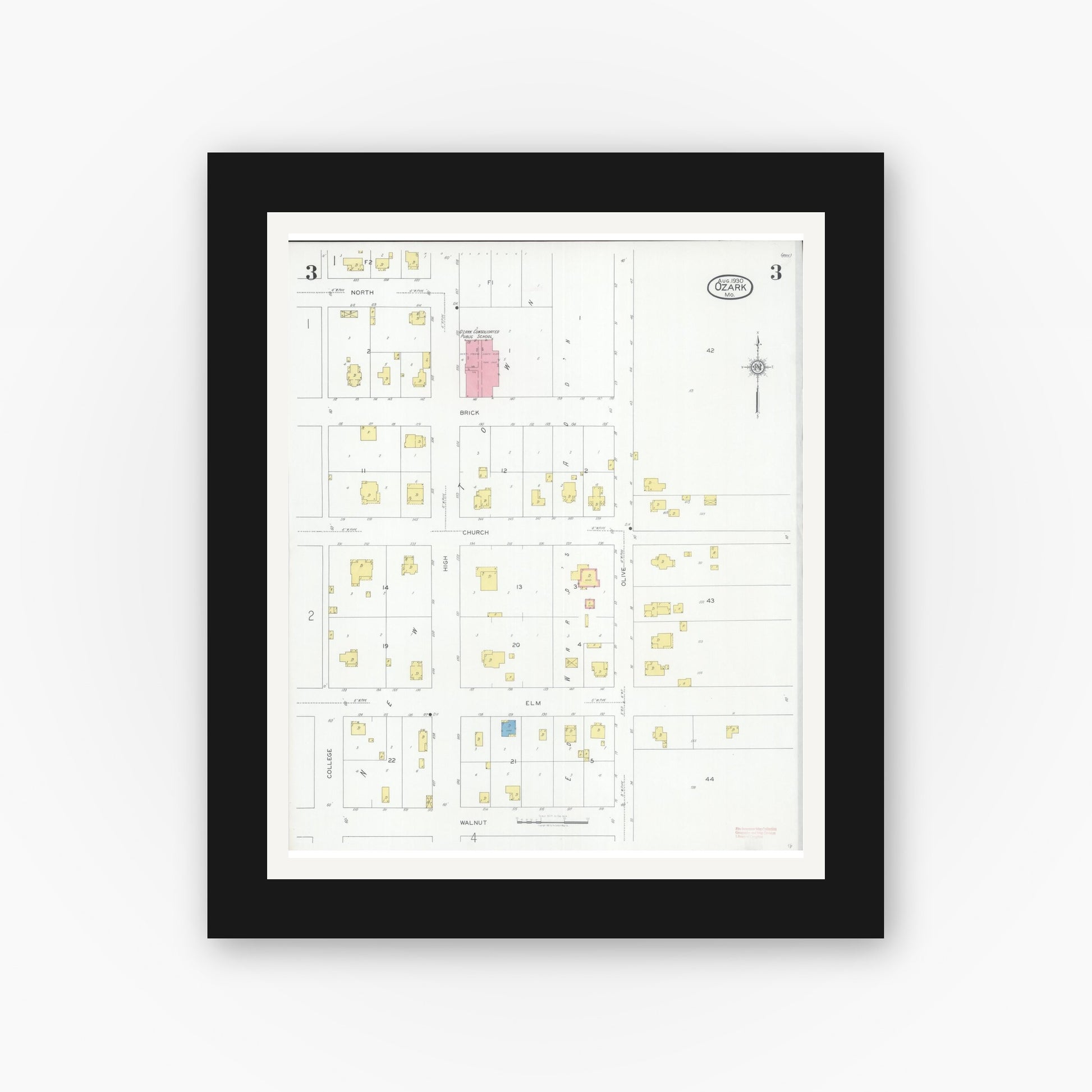Old map wall art mockup — black gallery frame with white mat — Sanborn Fire Insurance Map from Ozark, Christian County, Missouri (1930), Sheet #0003