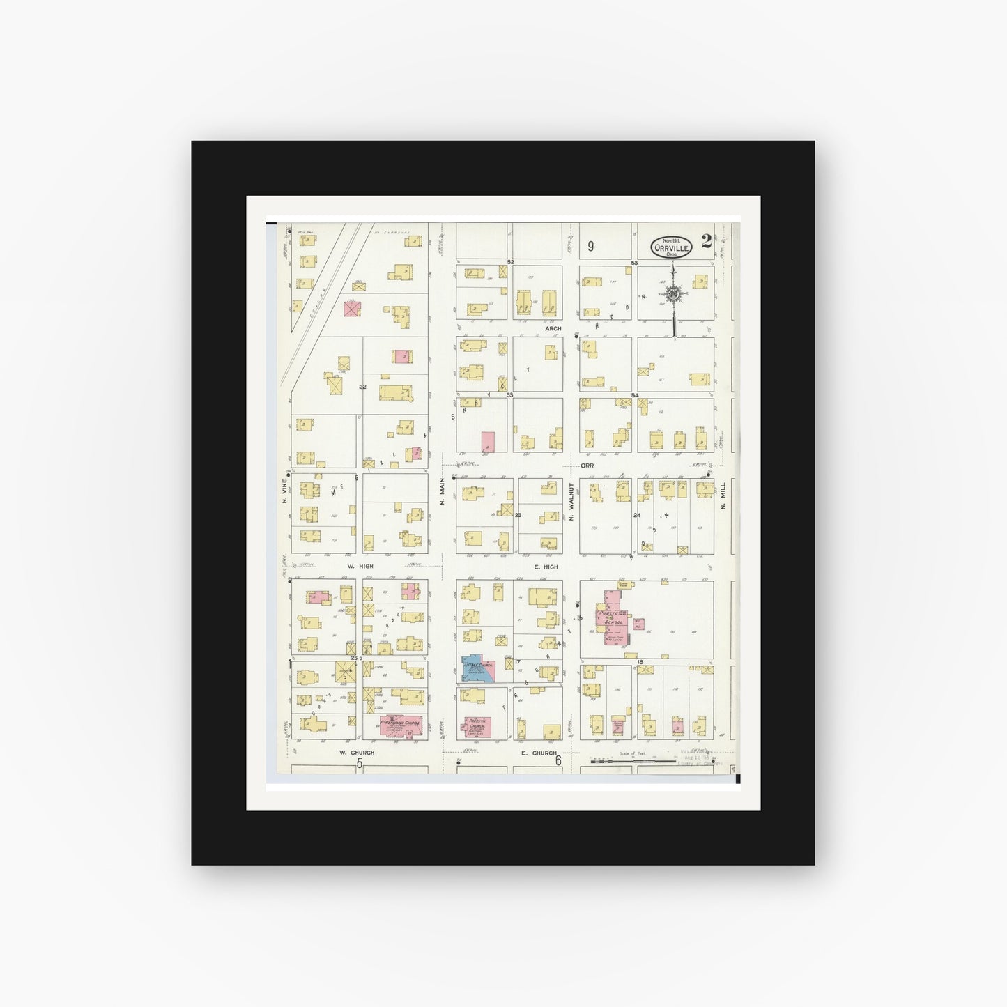Old map wall art mockup — black gallery frame with white mat — Sanborn Fire Insurance Map from Orrville, Wayne County, Ohio (1911), Sheet #0002