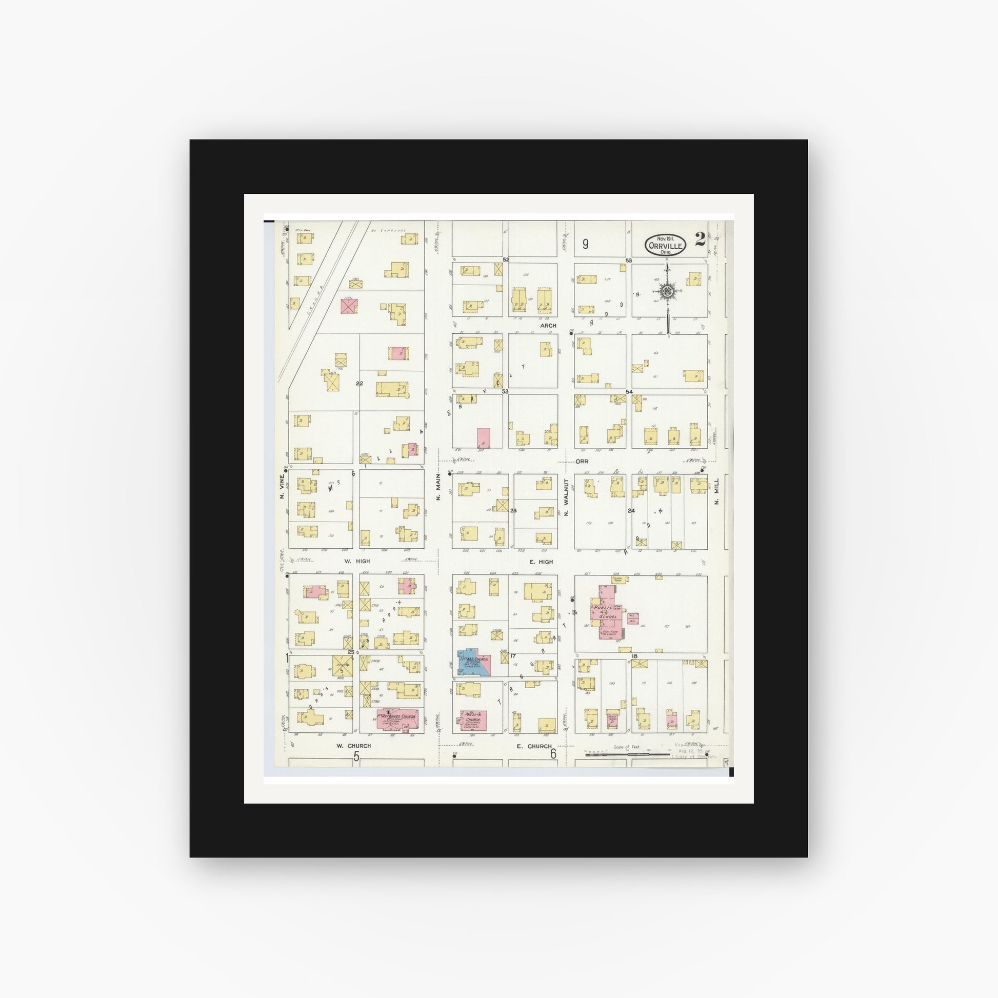 Old map wall art mockup — black gallery frame with white mat — Sanborn Fire Insurance Map from Orrville, Wayne County, Ohio (1911), Sheet #0002
