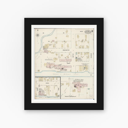 Old map wall art mockup — black gallery frame with white mat — Sanborn Fire Insurance Map from Morris, Grundy County, Illinois (1889), Sheet #0002