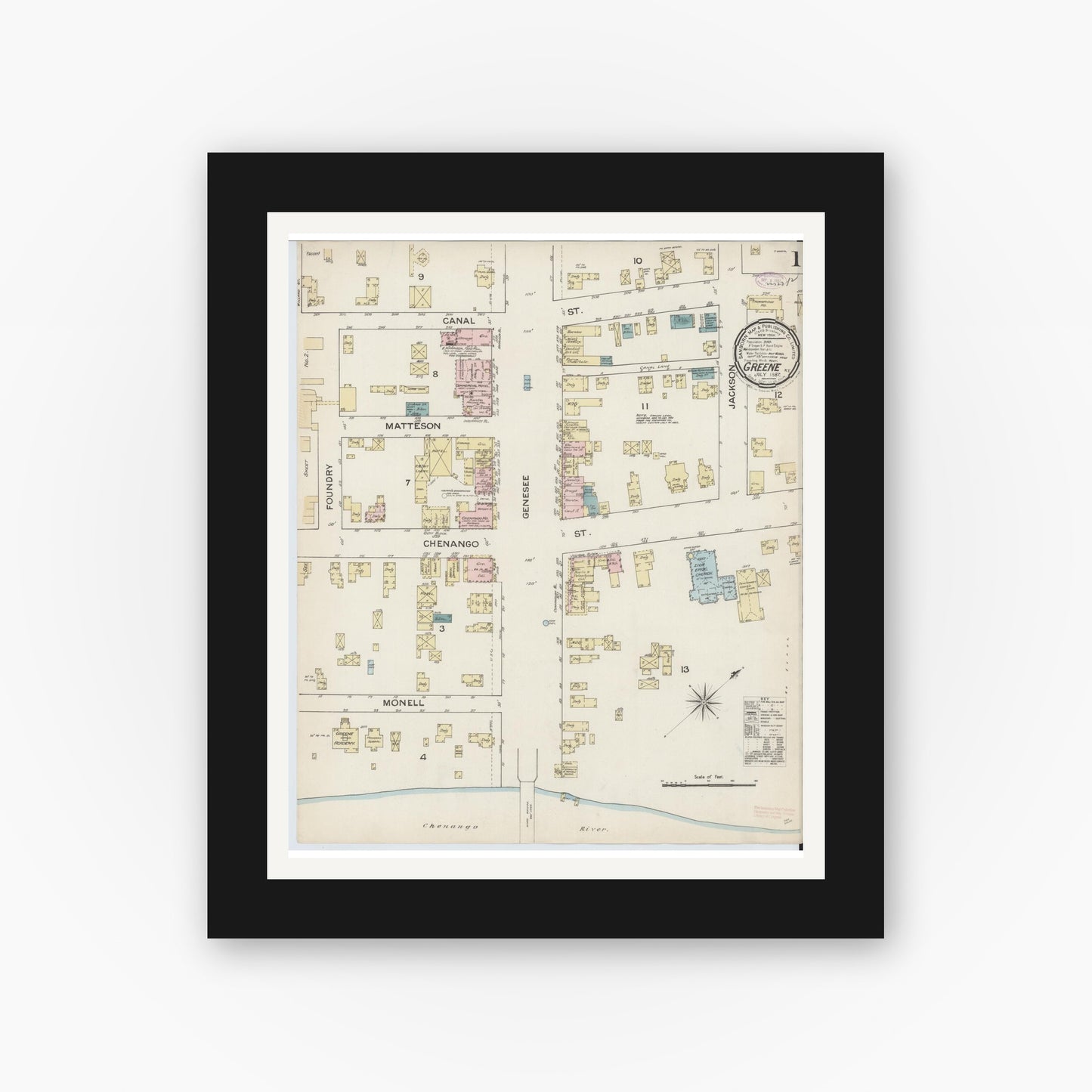 Old map wall art mockup — black gallery frame with white mat — Sanborn Fire Insurance Map from Greene, Chenango County, New York (1887), Sheet #0001
