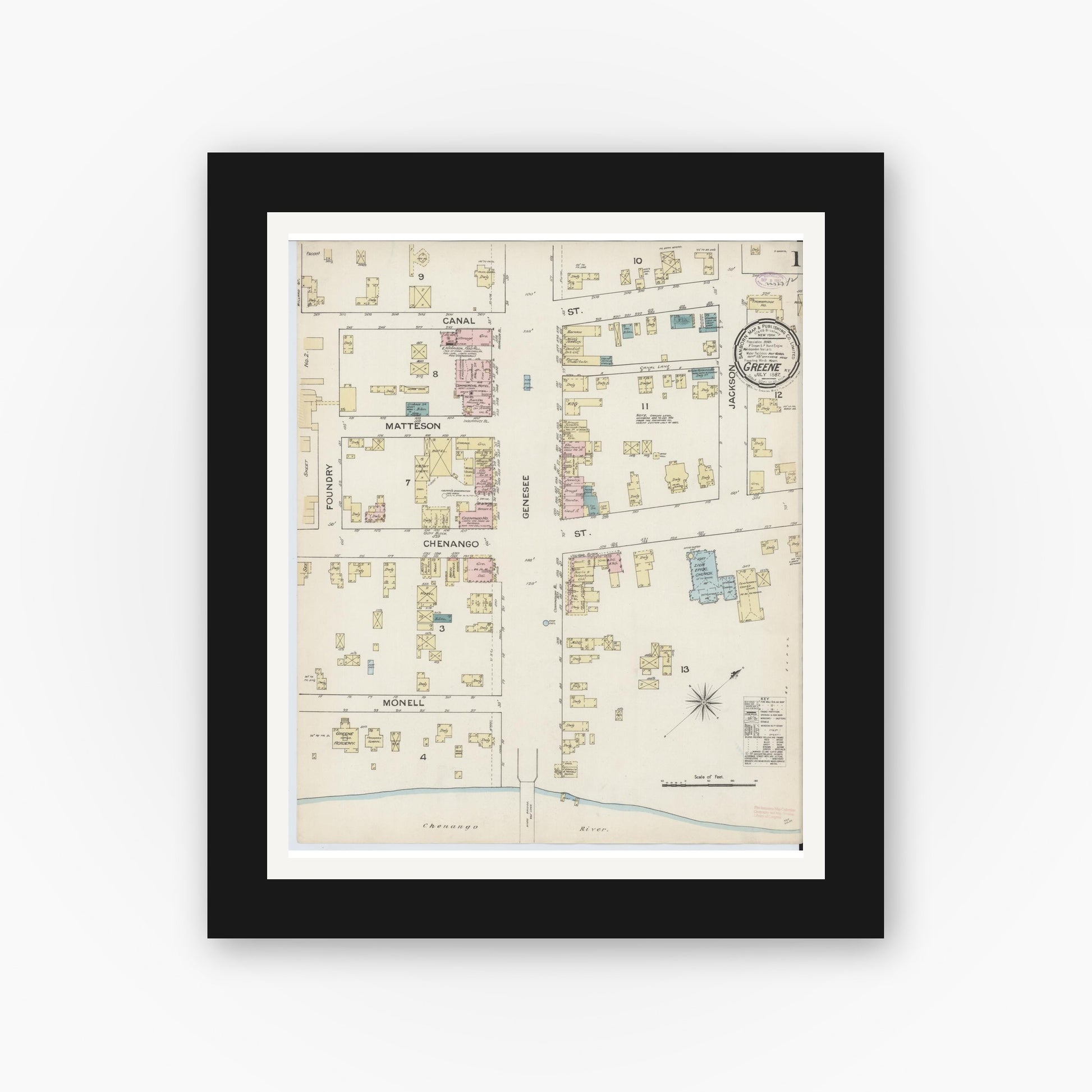 Old map wall art mockup — black gallery frame with white mat — Sanborn Fire Insurance Map from Greene, Chenango County, New York (1887), Sheet #0001