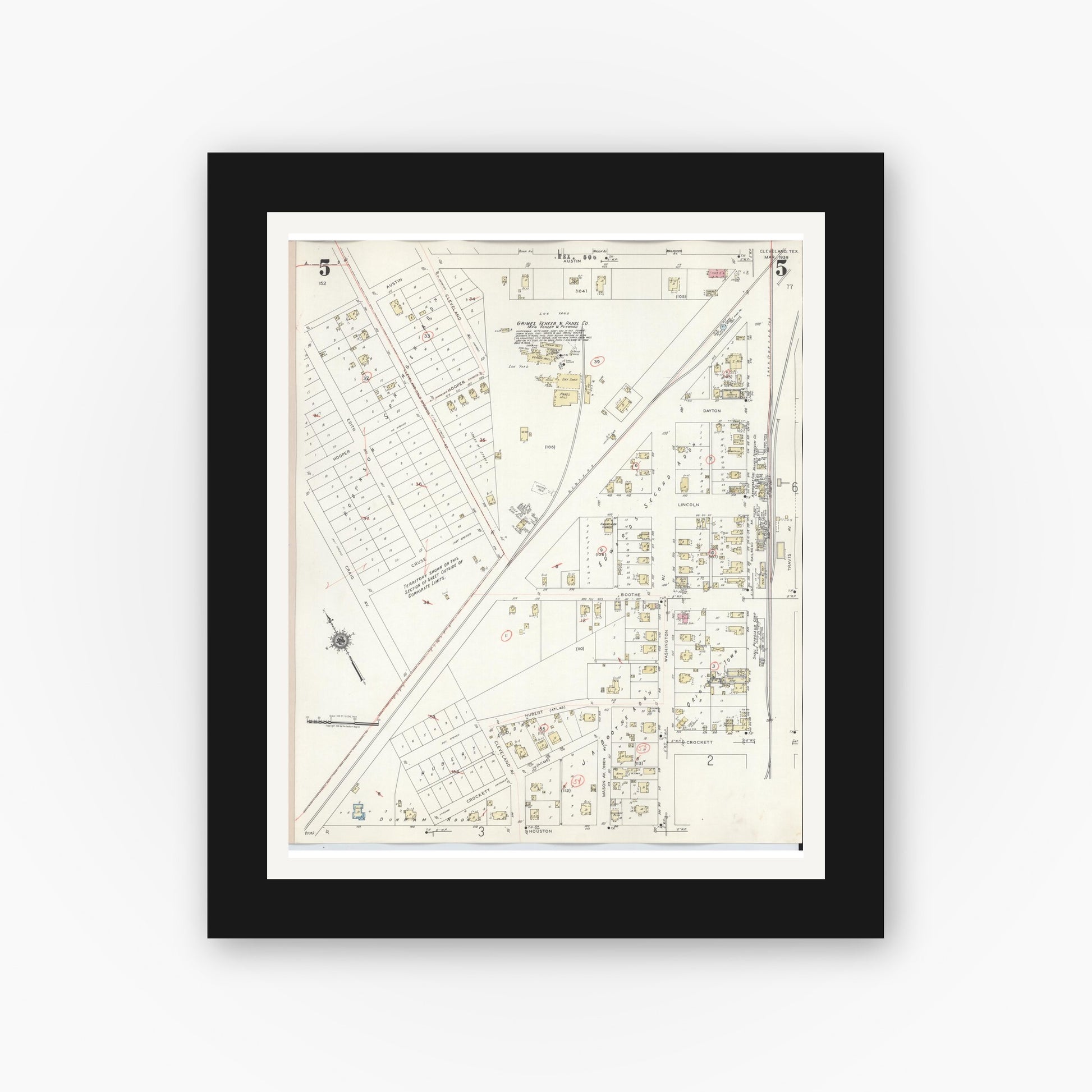 Old map wall art mockup — black gallery frame with white mat — Sanborn Fire Insurance Map from Cleveland, Liberty County, Texas (1939), Sheet #0005