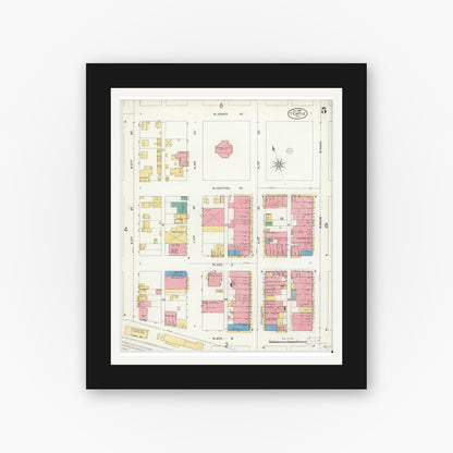 Old map wall art mockup — black gallery frame with white mat — Sanborn Fire Insurance Map from Temple, Bell County, Texas (1905), Sheet #0005