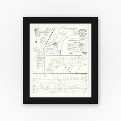 Old map wall art mockup — black gallery frame with white mat — Sanborn Fire Insurance Map from Pahokee, Palm Beach County, Florida (1943), Sheet #0001