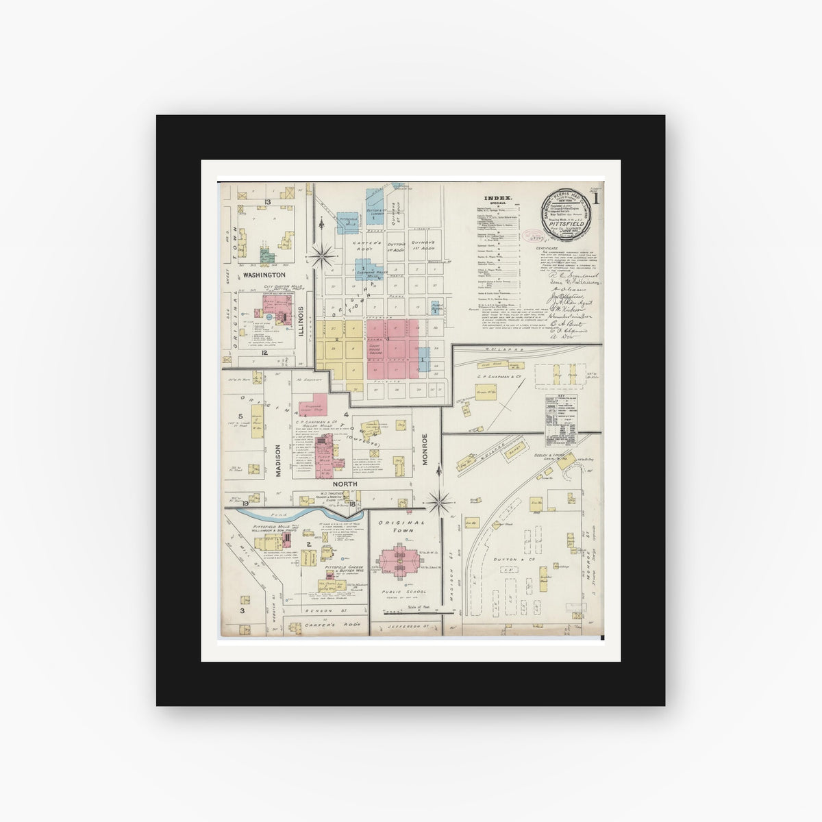 Old map wall art mockup — black gallery frame with white mat — Sanborn Fire Insurance Map from Pittsfield, Pike County, Illinois (1890) - Complete Map Set