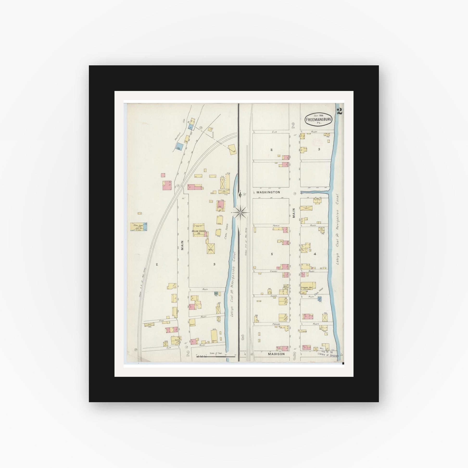 Old map wall art mockup — black gallery frame with white mat — Sanborn Fire Insurance Map from Freemansburg, Northampton County, Pennsylvania (1894), Sheet #0002