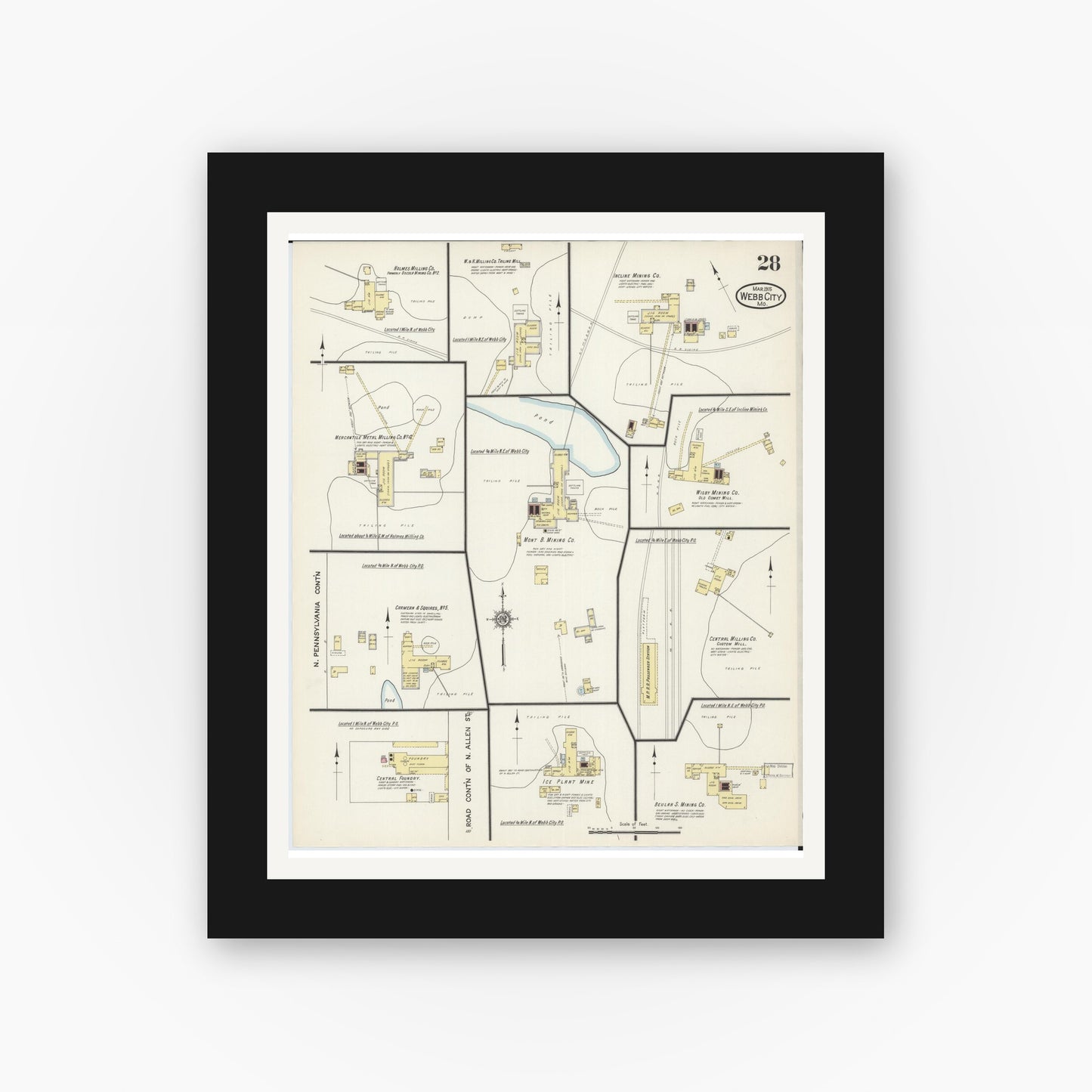 Old map wall art mockup — black gallery frame with white mat — Sanborn Fire Insurance Map from Webb City, Jasper County, Missouri (1915), Sheet #0028