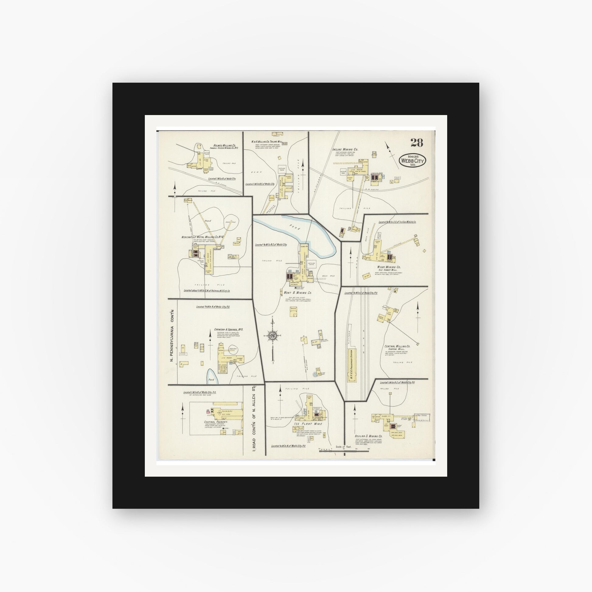 Old map wall art mockup — black gallery frame with white mat — Sanborn Fire Insurance Map from Webb City, Jasper County, Missouri (1915), Sheet #0028