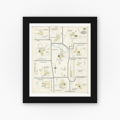 Old map wall art mockup — black gallery frame with white mat — Sanborn Fire Insurance Map from Webb City, Jasper County, Missouri (1915), Sheet #0028