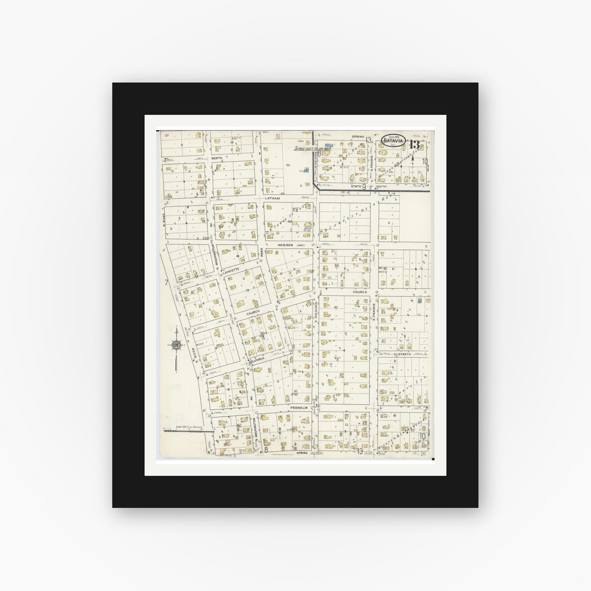 Old map wall art mockup — black gallery frame with white mat — Sanborn Fire Insurance Map from Batavia, Kane County, Illinois (1916), Sheet #0013