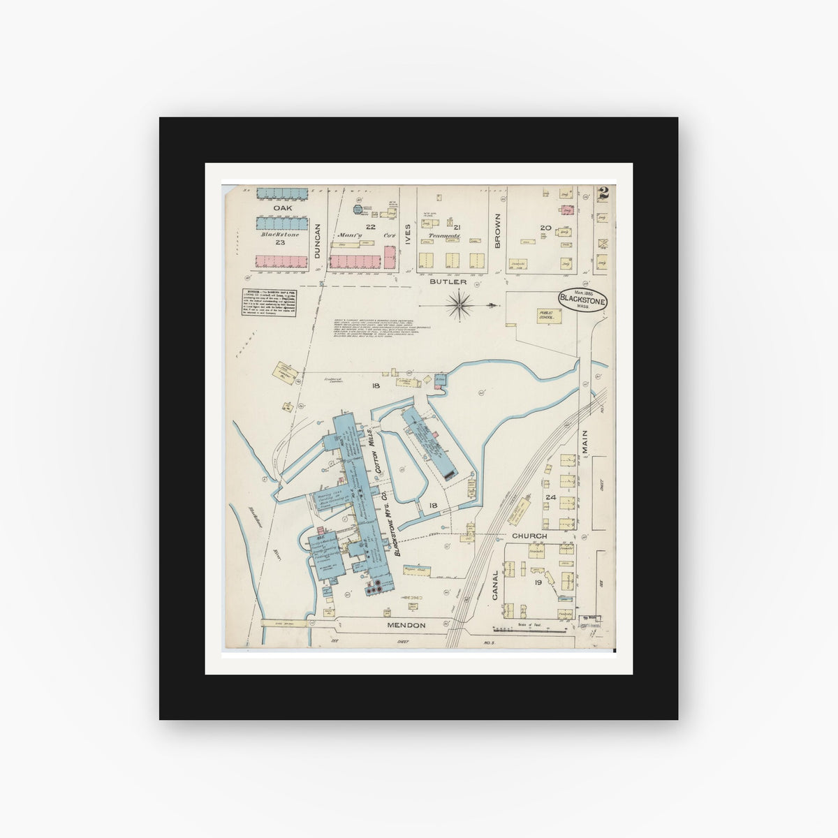 Old map wall art mockup — black gallery frame with white mat — Sanborn Fire Insurance Map from Blackstone, Worcester County, Massachusetts (1885), Sheet #0002