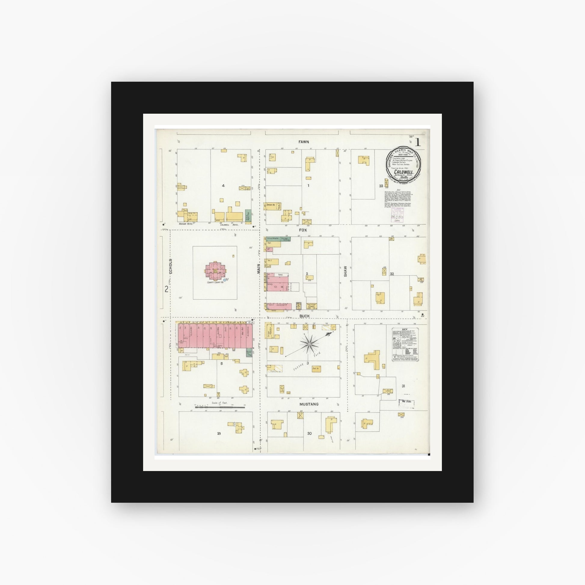 Old map wall art mockup — black gallery frame with white mat — Sanborn Fire Insurance Map from Caldwell, Burleson County, Texas (1901), Sheet #0001