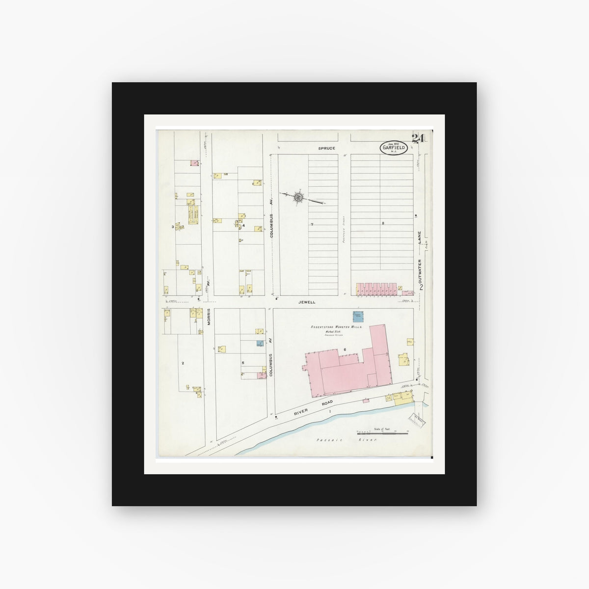 Old map wall art mockup — black gallery frame with white mat — Sanborn Fire Insurance Map from Garfield, Bergen County, New Jersey (1910), Sheet #0024