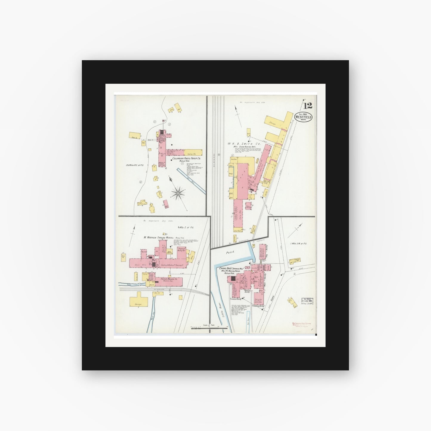 Old map wall art mockup — black gallery frame with white mat — Sanborn Fire Insurance Map from Westfield, Hampden County, Massachusetts (1900), Sheet #0012