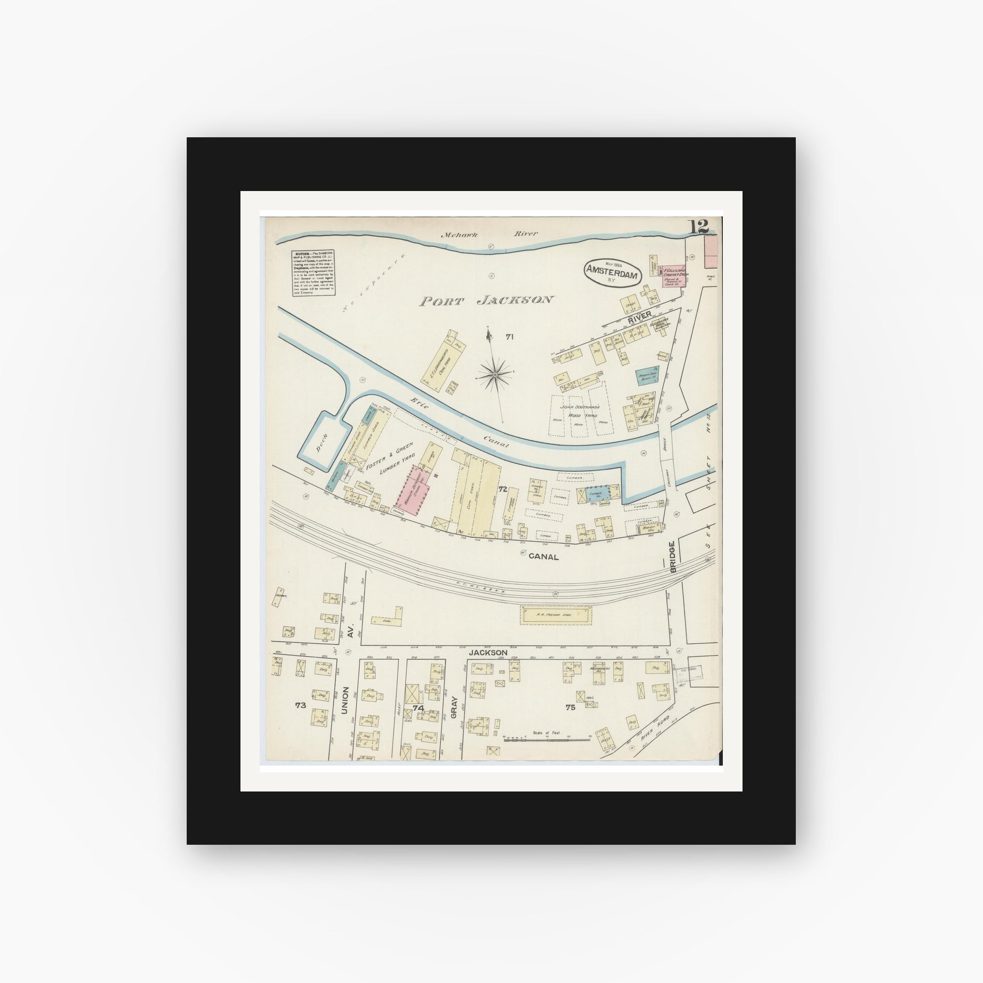 Old map wall art mockup — black gallery frame with white mat — Sanborn Fire Insurance Map from Amsterdam, Montgomery County, New York (1884), Sheet #0012