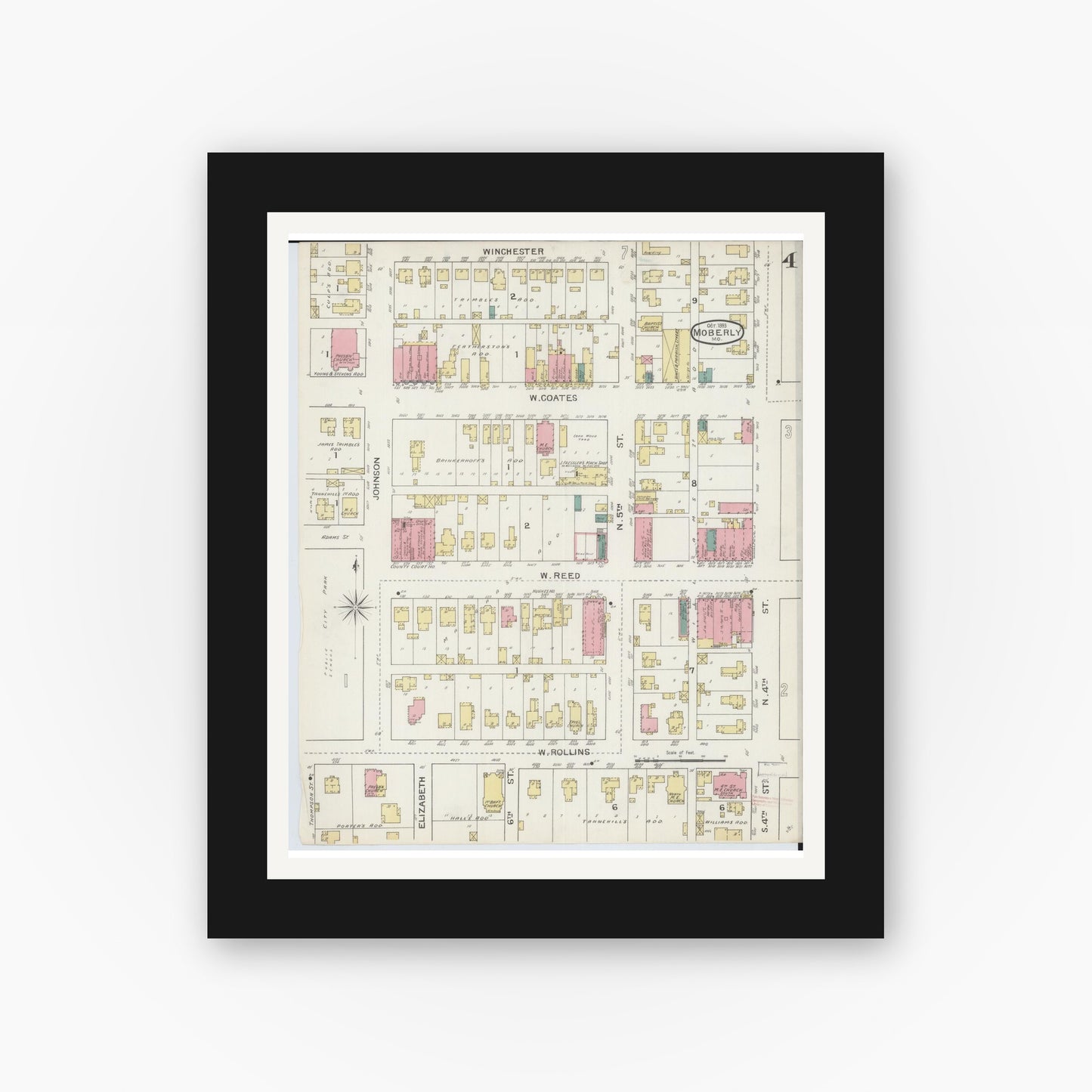 Old map wall art mockup — black gallery frame with white mat — Sanborn Fire Insurance Map from Moberly, Randolph County, Missouri (1893), Sheet #0004