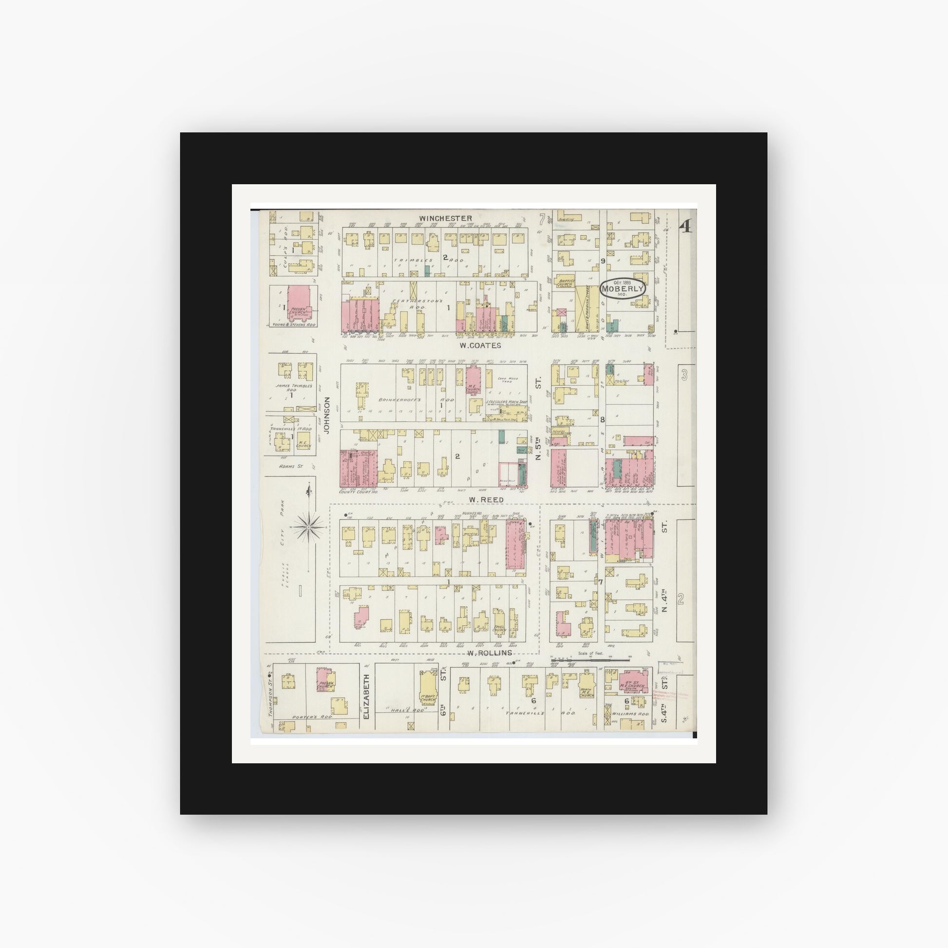 Old map wall art mockup — black gallery frame with white mat — Sanborn Fire Insurance Map from Moberly, Randolph County, Missouri (1893), Sheet #0004