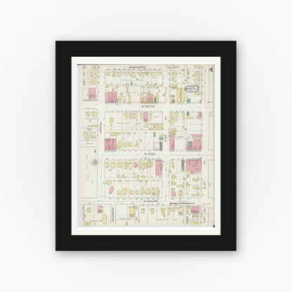 Old map wall art mockup — black gallery frame with white mat — Sanborn Fire Insurance Map from Moberly, Randolph County, Missouri (1893), Sheet #0004