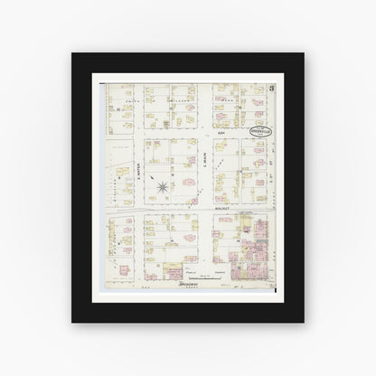 Old map wall art mockup — black gallery frame with white mat — Sanborn Fire Insurance Map from Greenville, Darke County, Ohio (1887), Sheet #0003