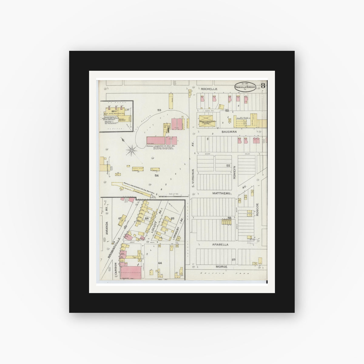 Old map wall art mockup — black gallery frame with white mat — Sanborn Fire Insurance Map from Knoxville Borough, Allegheny County, Pennsylvania (1893), Sheet #0008