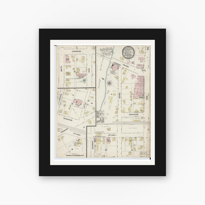 Old map wall art mockup — black gallery frame with white mat — Sanborn Fire Insurance Map from Elmore, Ottawa County, Ohio (1888), Sheet #0001