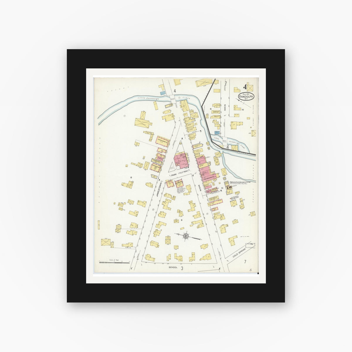 Old map wall art mockup — black gallery frame with white mat — Sanborn Fire Insurance Map from Randolph, Cattaraugus County, New York (1913), Sheet #0004