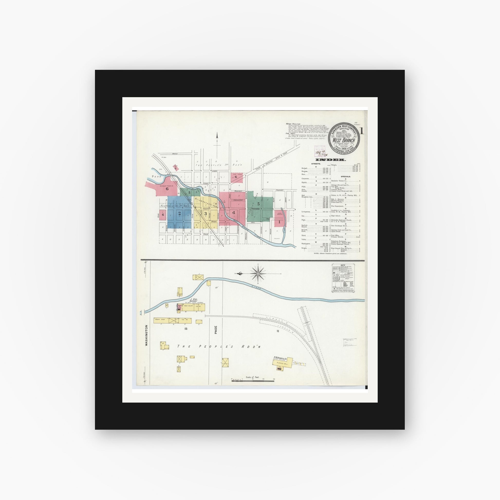 Old map wall art mockup — black gallery frame with white mat — Sanborn Fire Insurance Map from West Branch, Ogemaw County, Michigan (1909) - Complete Map Set